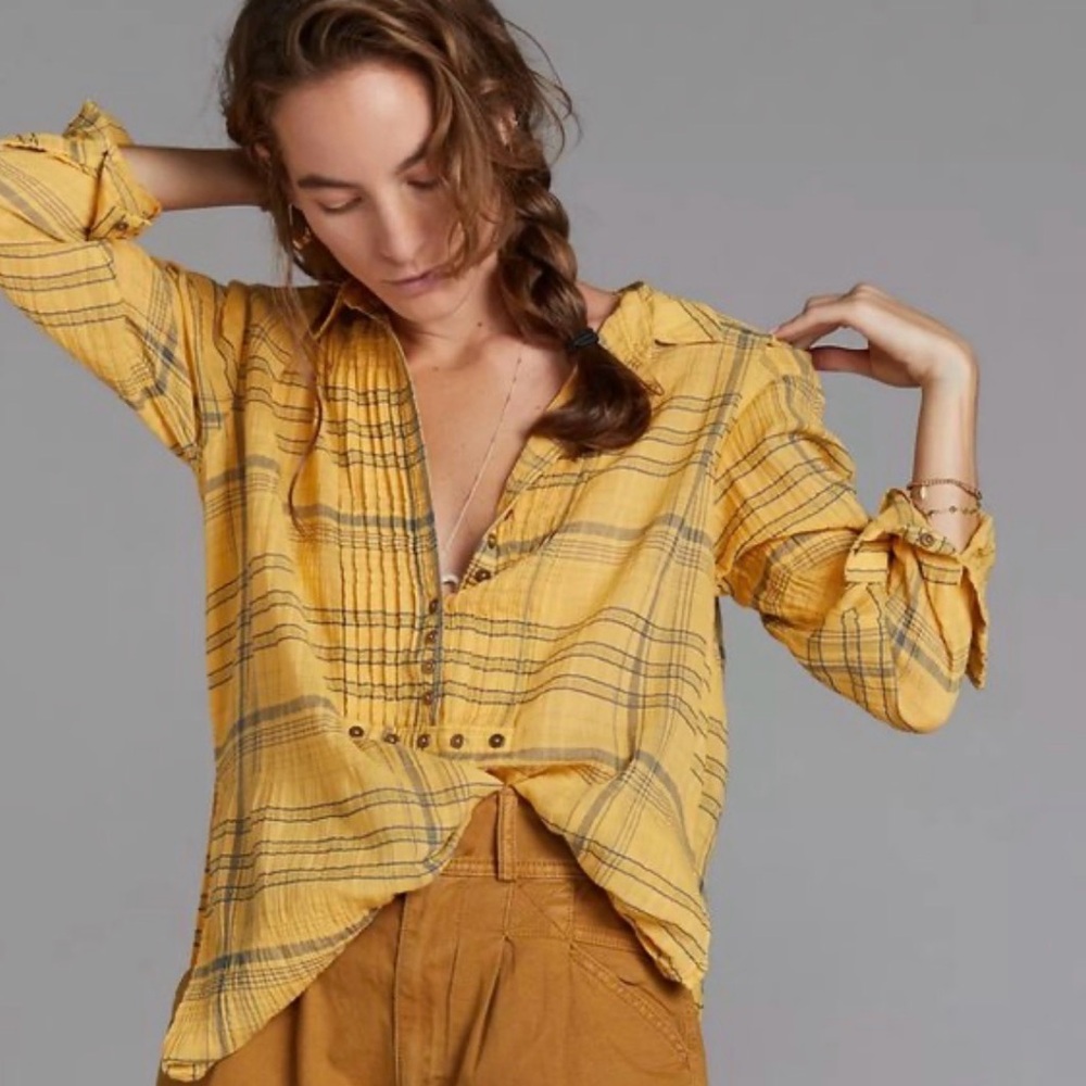 EUC Anthropologie Pilcro Mustard and Black Plaid Tunic Mini Dress Button-Down